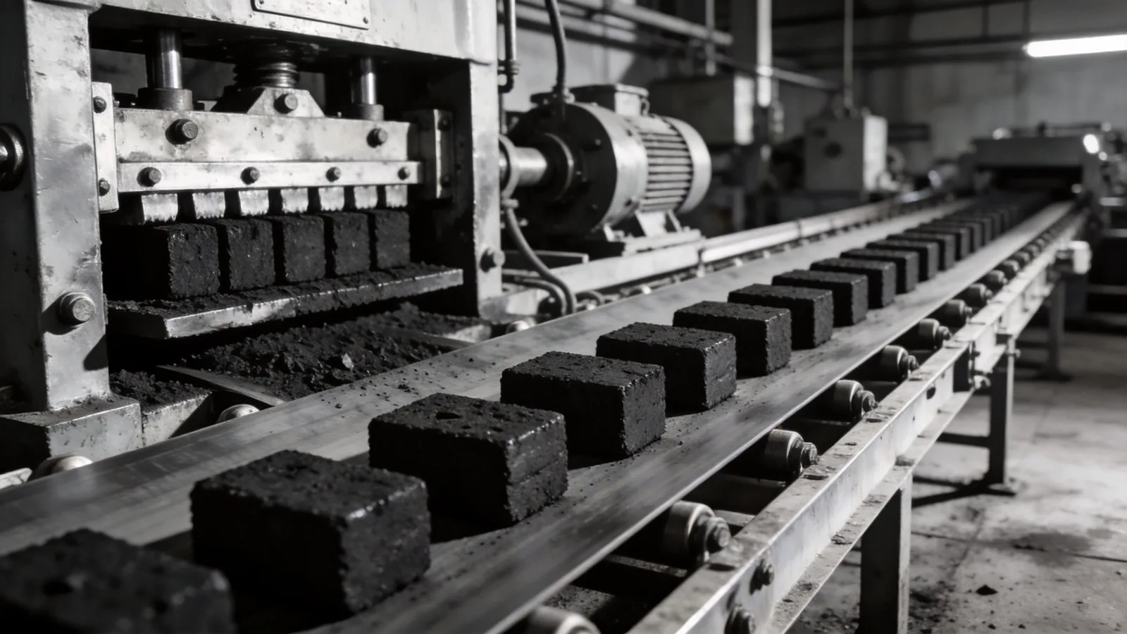 Charcoal briquette production line with press machine and conveyor — conceptual illustration