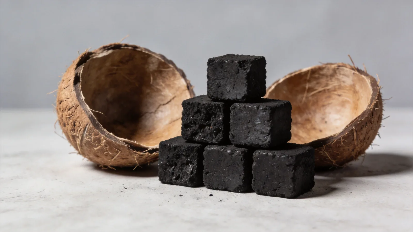 Coconut shell charcoal cubes beside raw coconut shell halves — conceptual illustration