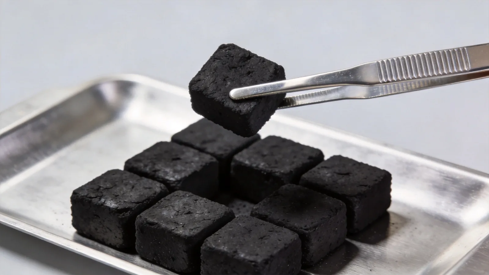 Uniform hookah charcoal cubes with steel tongs on an aluminium tray — conceptual illustration